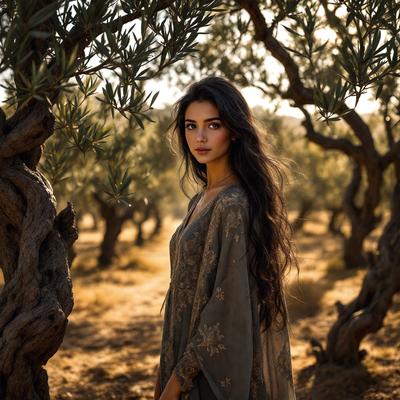 The primary subject of the image is a woman standing in a field of trees. She is wearing a long dress and appears to be posing for the camera. The setting is a natural environment with trees surrounding her. The visual style of the image is a photo, capturing the woman and her surroundings in a realistic manner. The colors in the image are predominantly earthy tones, creating a calm and serene atmosphere.